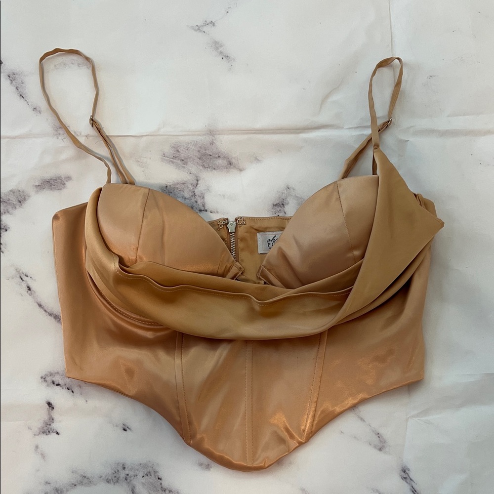 Like New Oh Polly Elegant Tan Satin Corset Bustier Top - Size UK 10 / US 6